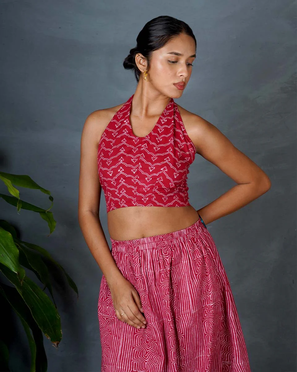 Smriti Red Hand Block Printed Cotton Top-MYA
