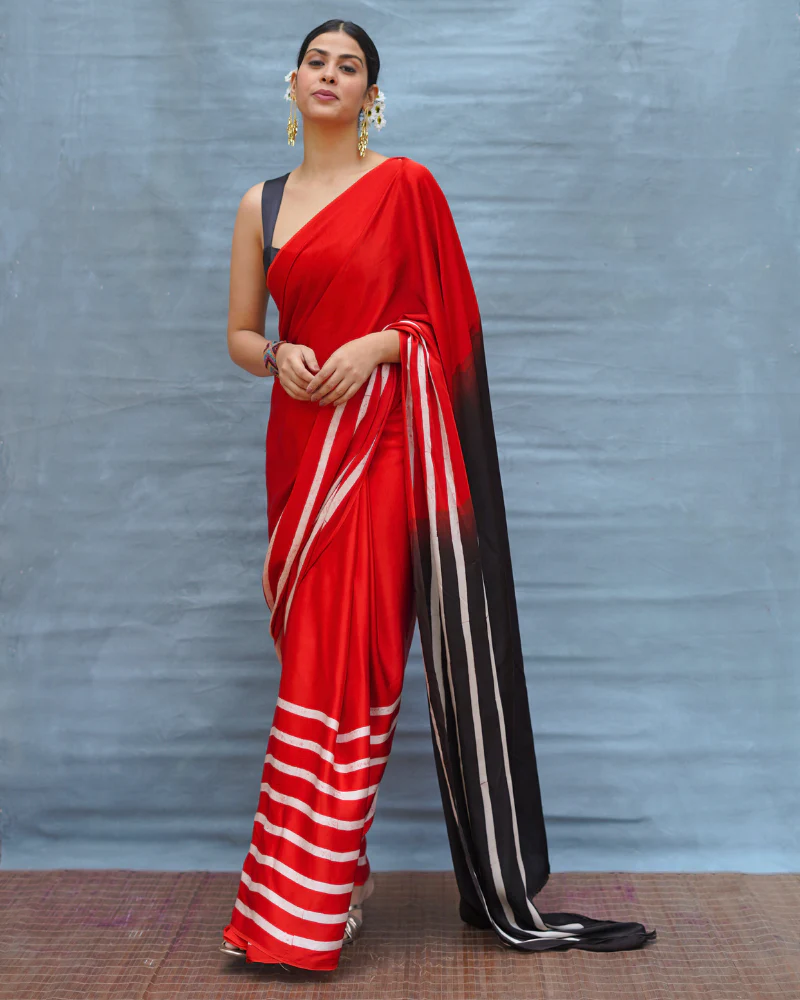 Soft Drift Red Handblock Print Modal Silk Saree - Flow - Image 13