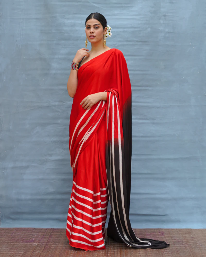 Soft Drift Red Handblock Print Modal Silk Saree - Flow - Image 15