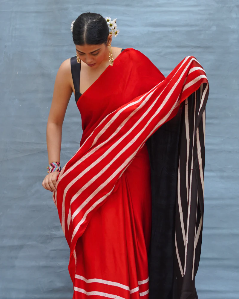 Soft Drift Red Handblock Print Modal Silk Saree - Flow - Image 5