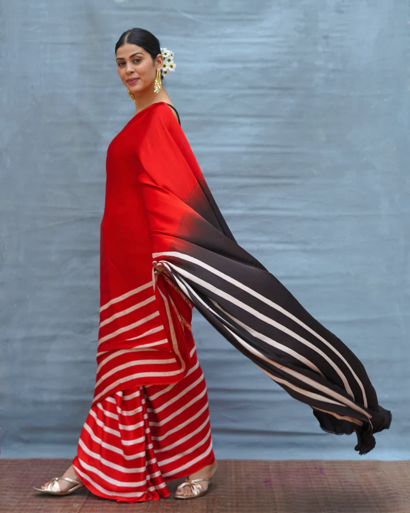 Soft Drift Red Handblock Print Modal Silk Saree - Flow - Image 8