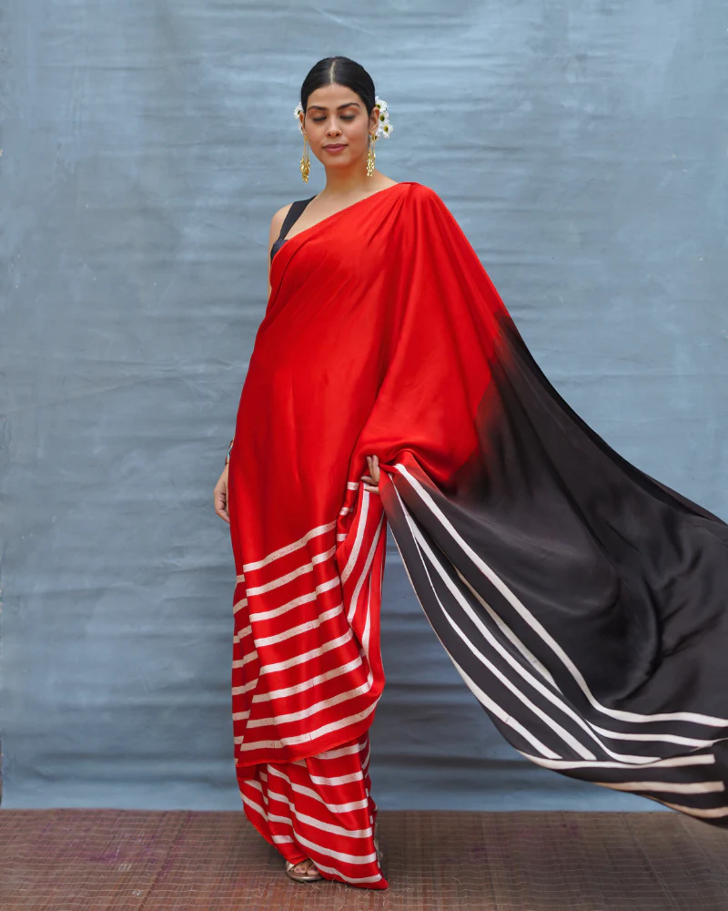 Soft Drift Red Handblock Print Modal Silk Saree - Flow - Image 9