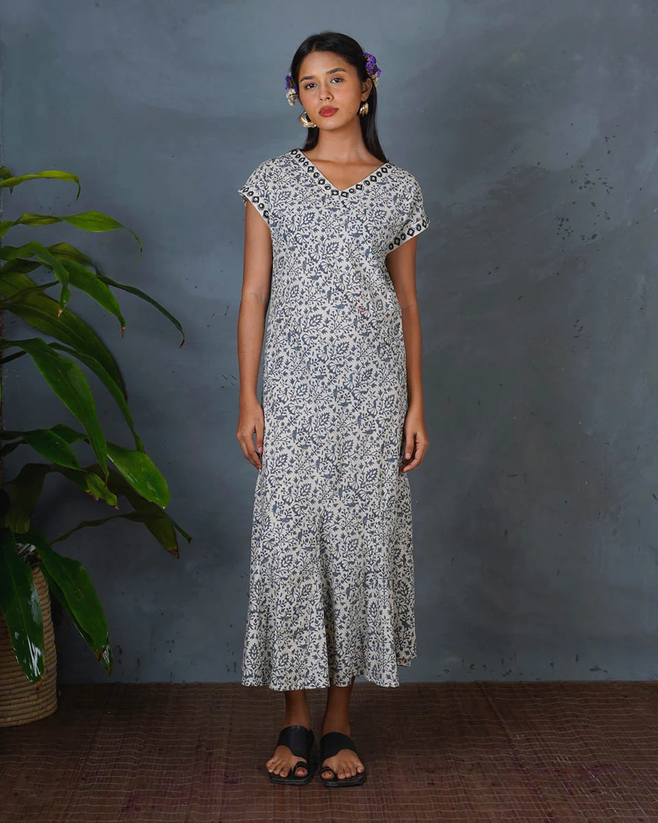 Soft Rainy Afternoon Grey Block Printed Cotton Dress - BMS - Image 4