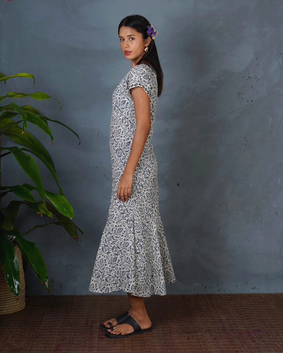 Soft Rainy Afternoon Grey Block Printed Cotton Dress - BMS - Image 5