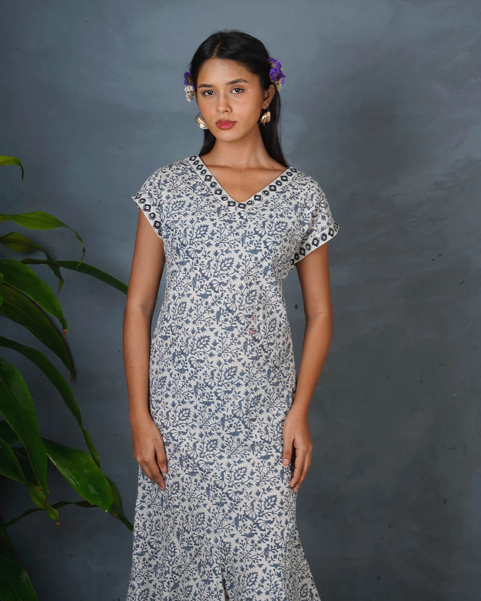Soft Rainy Afternoon Grey Block Printed Cotton Dress - BMS - Image 8