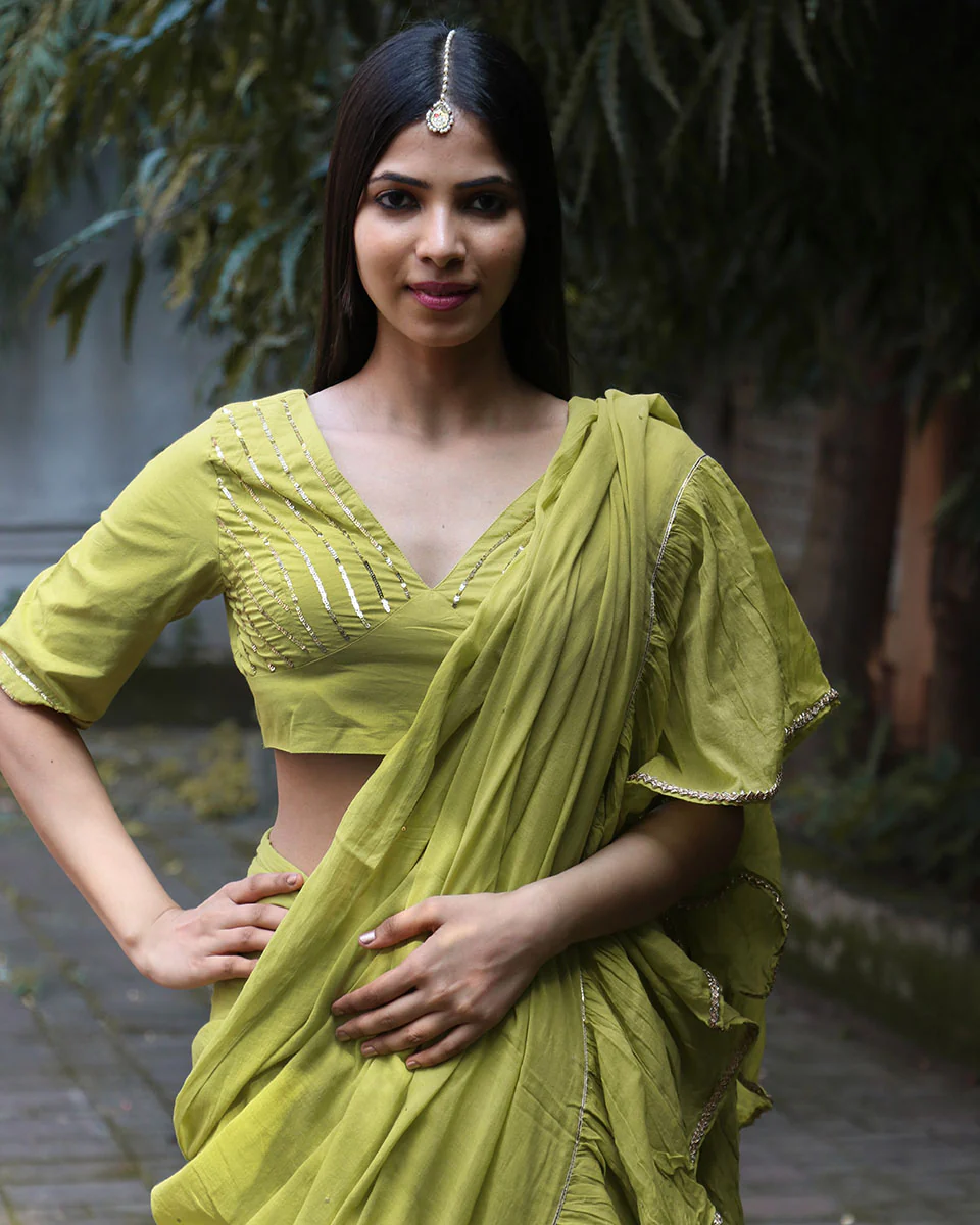 Sparkle Pear Green Mulmul Cotton Blouse - Jugnoo - Image 3