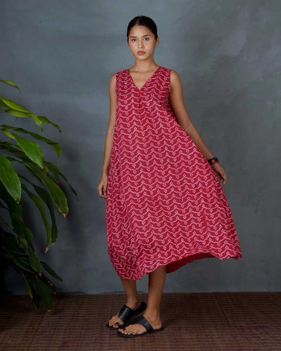 Sparshika Red Hand Block Printed Cotton Dress-MYA