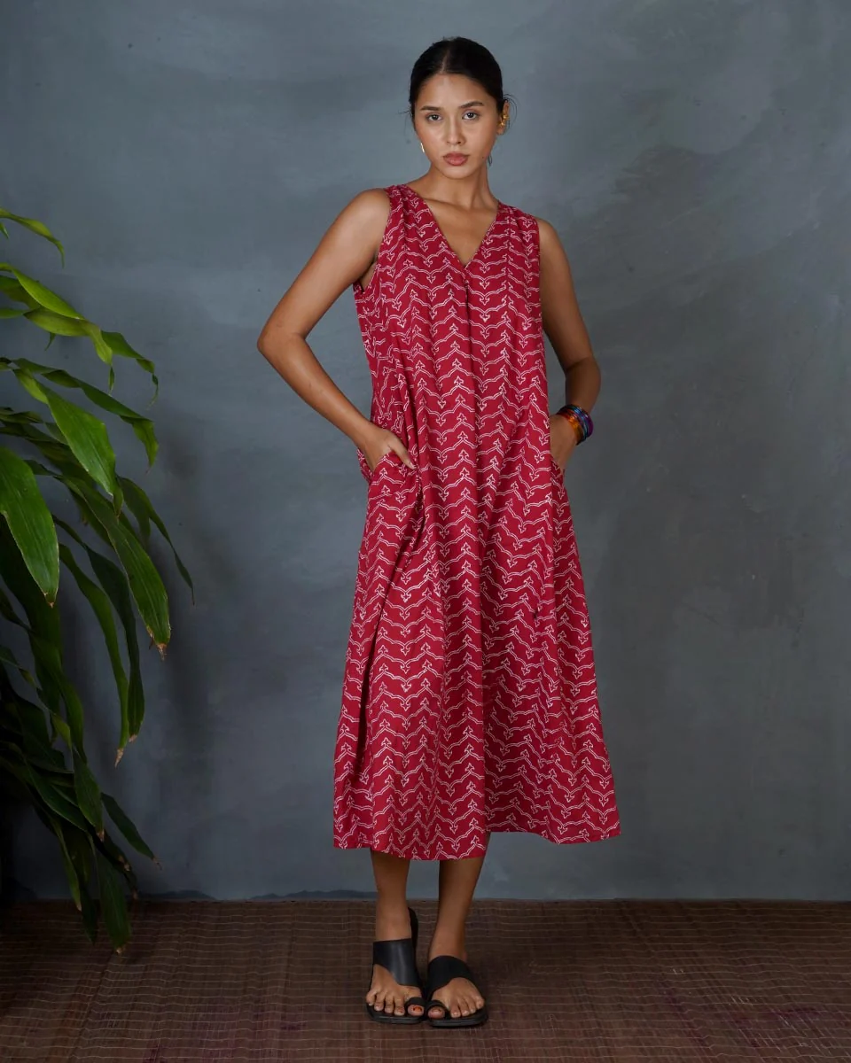 Sparshika Red Hand Block Printed Cotton Dress-MYA - Image 2