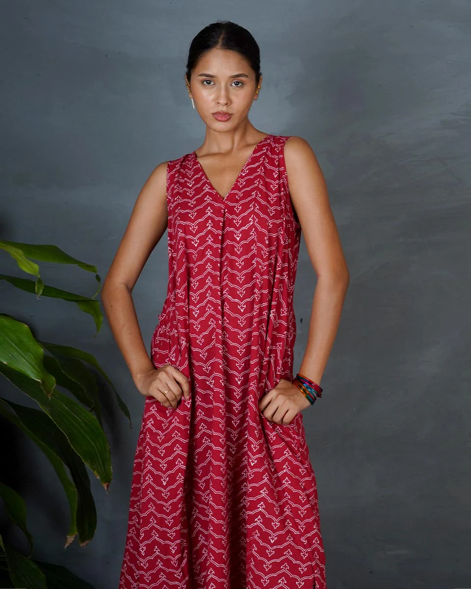 Sparshika Red Hand Block Printed Cotton Dress-MYA - Image 4