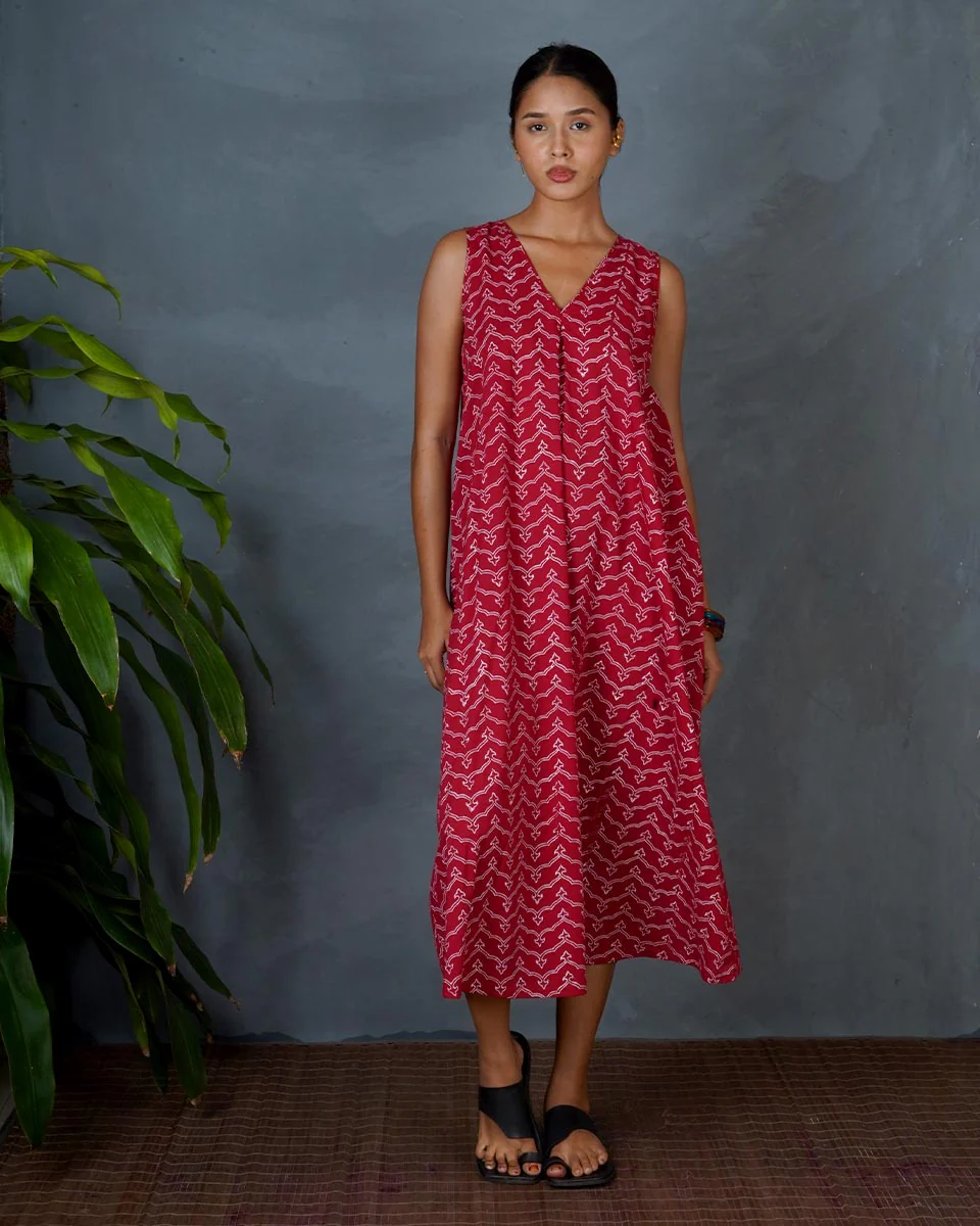 Sparshika Red Hand Block Printed Cotton Dress-MYA - Image 8