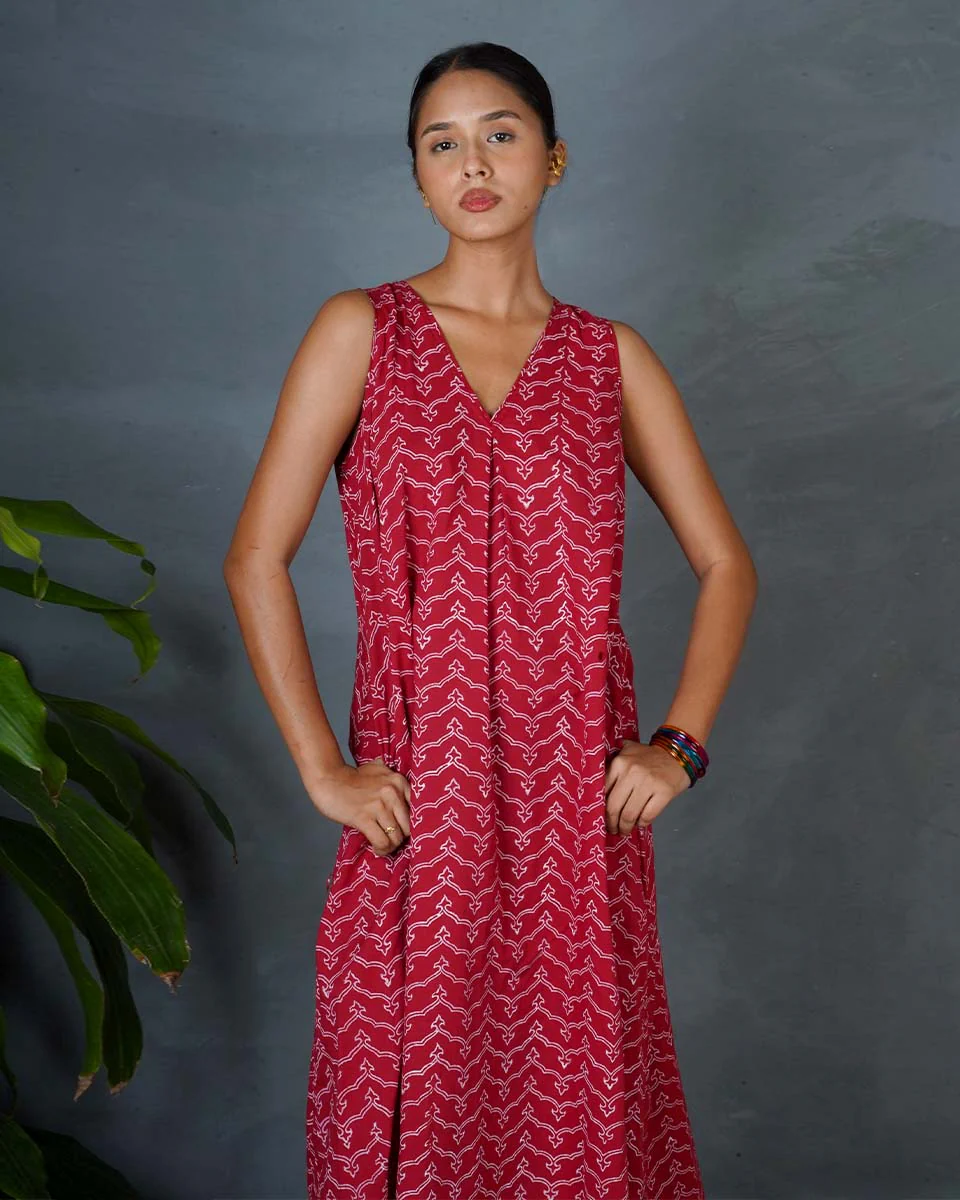 Sparshika Red Hand Block Printed Cotton Dress-MYA - Image 9