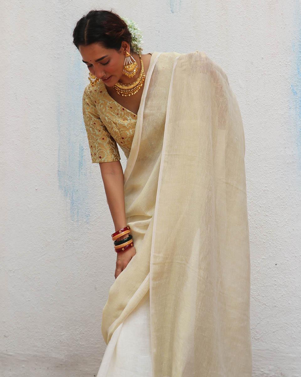 Sreeja Handwoven Linen Zari Saree - Onam - Image 10