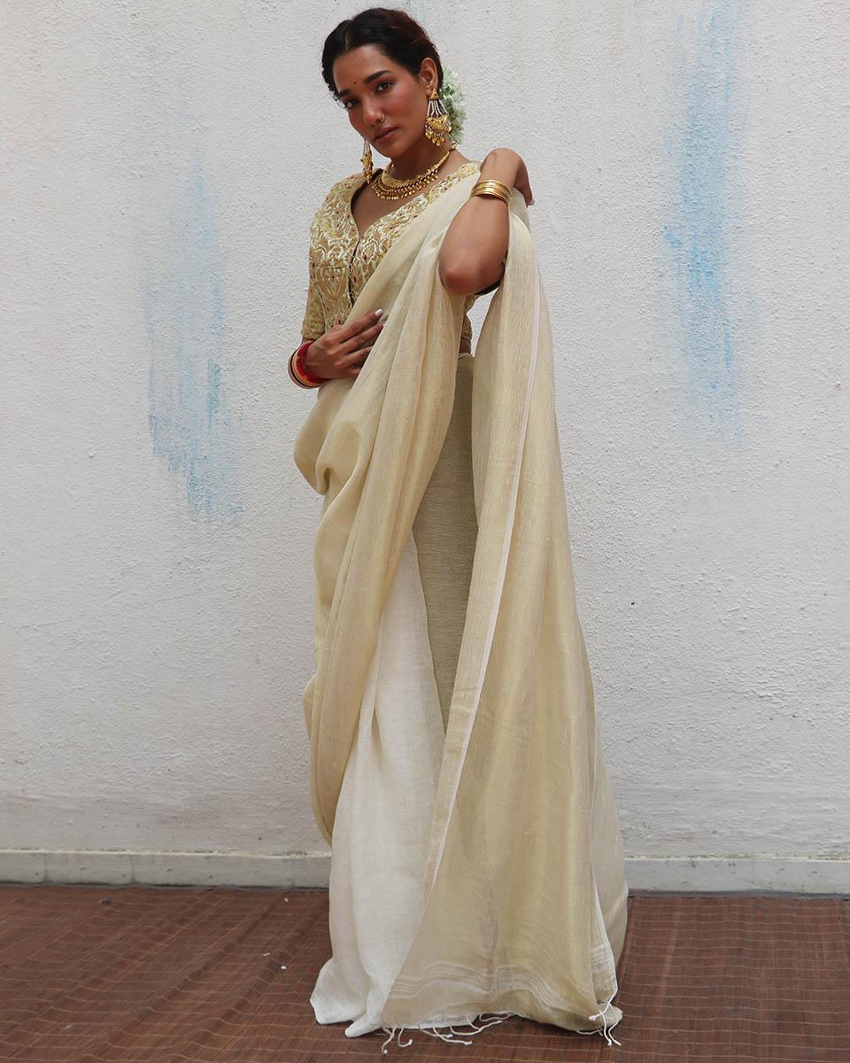 Sreeja Handwoven Linen Zari Saree - Onam - Image 12