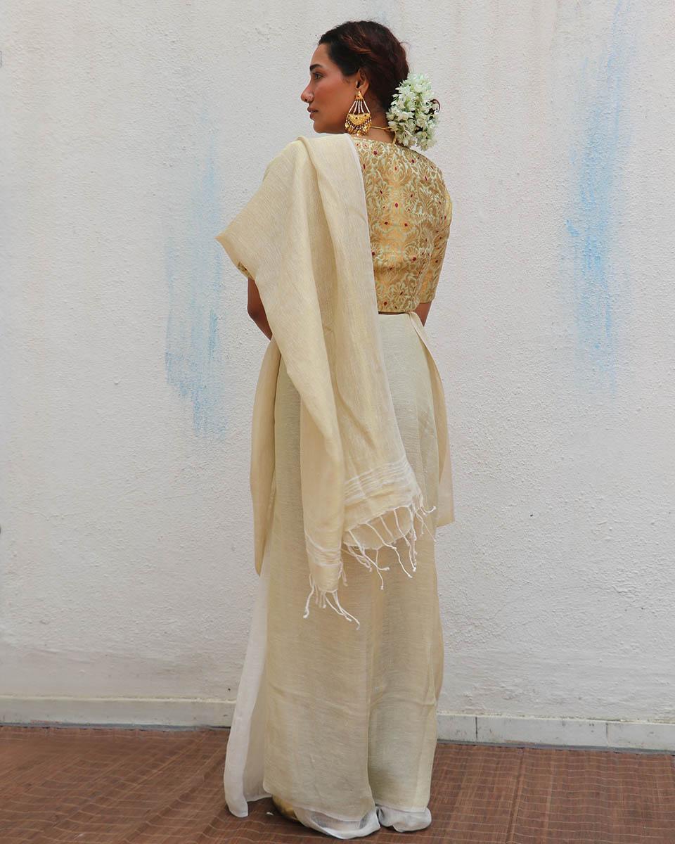 Sreeja Handwoven Linen Zari Saree - Onam - Image 4