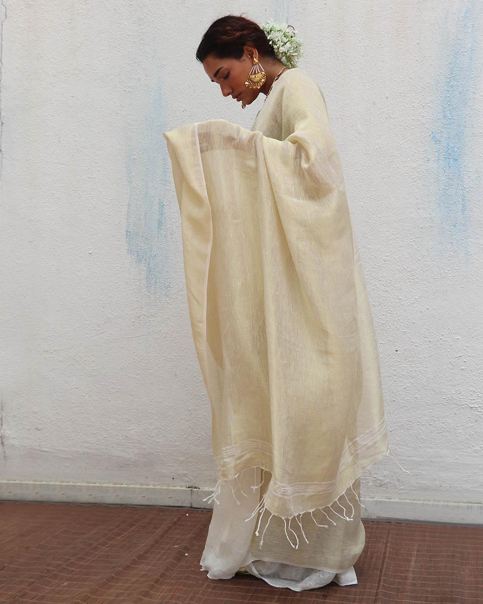 Sreeja Handwoven Linen Zari Saree - Onam - Image 5
