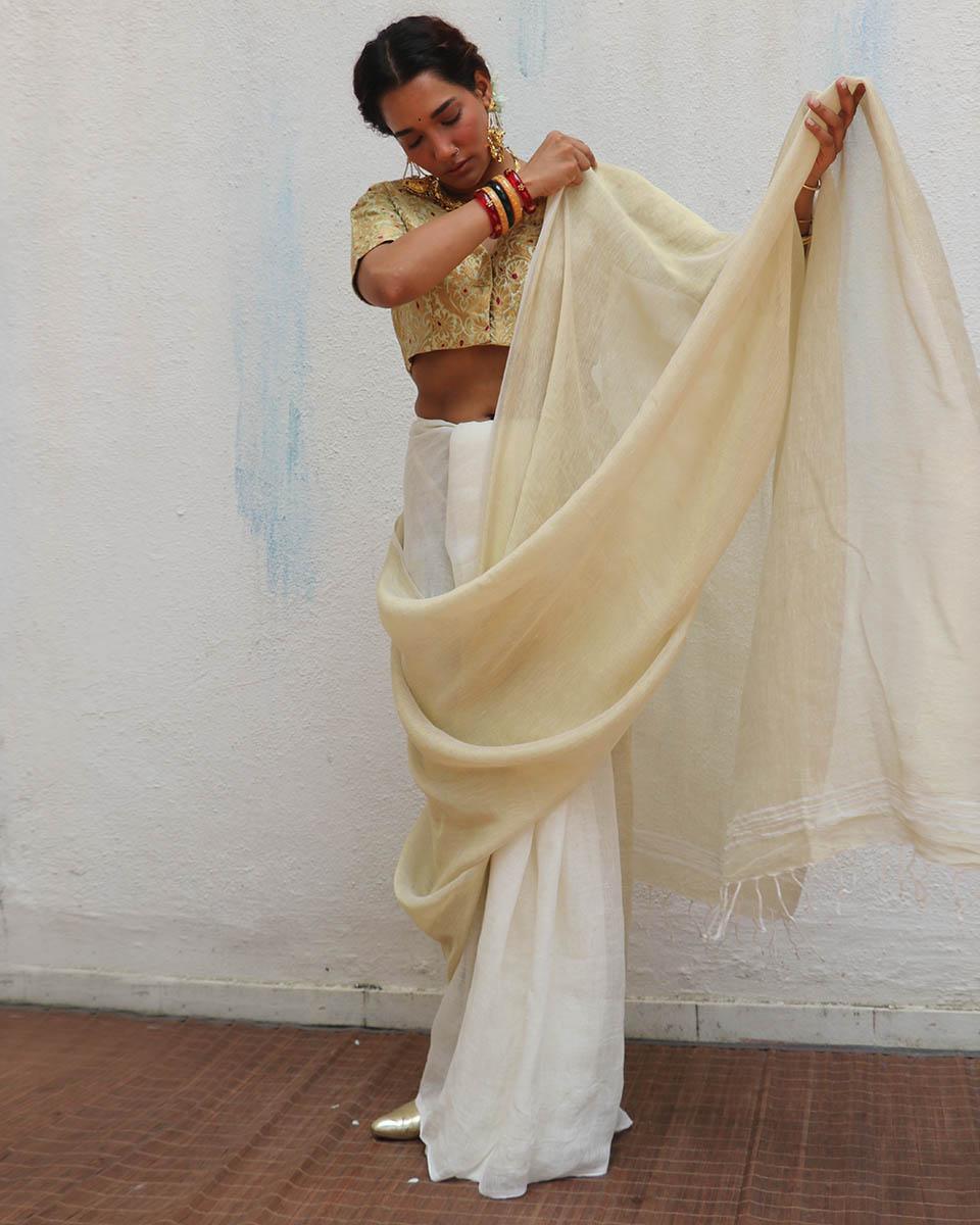 Sreeja Handwoven Linen Zari Saree - Onam - Image 6