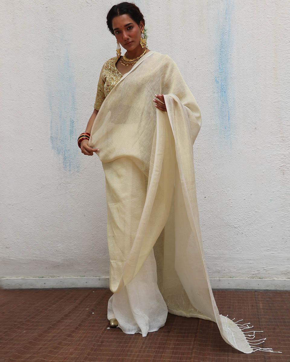 Sreeja Handwoven Linen Zari Saree - Onam - Image 7