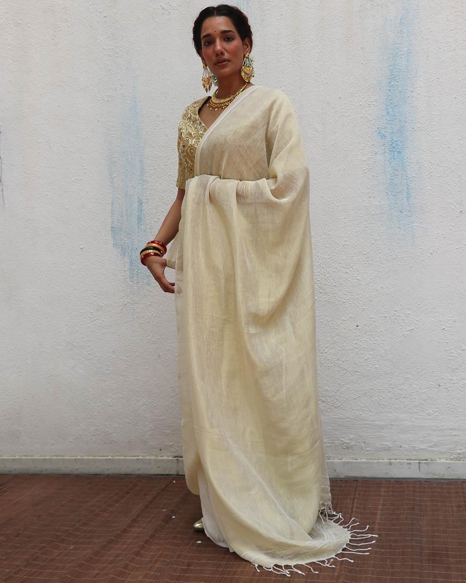 Sreeja Handwoven Linen Zari Saree - Onam - Image 8