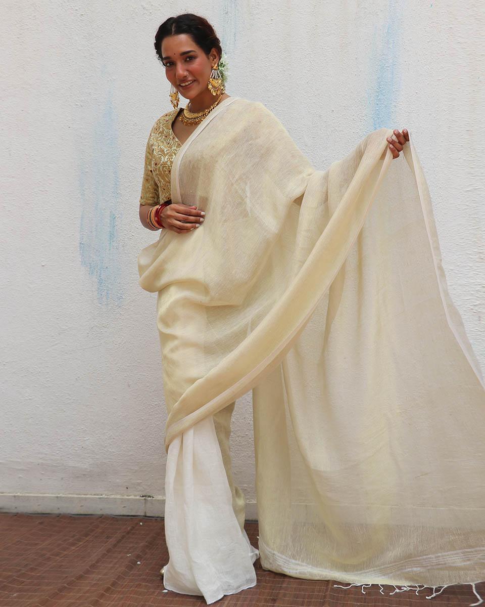Sreeja Handwoven Linen Zari Saree - Onam - Image 9