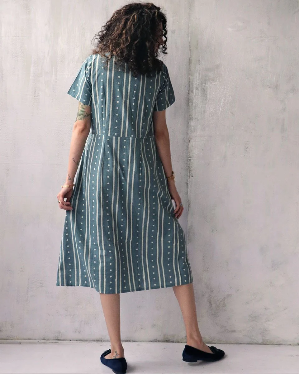 Steel Blue Blockprinted Cotton Dress - Image 4