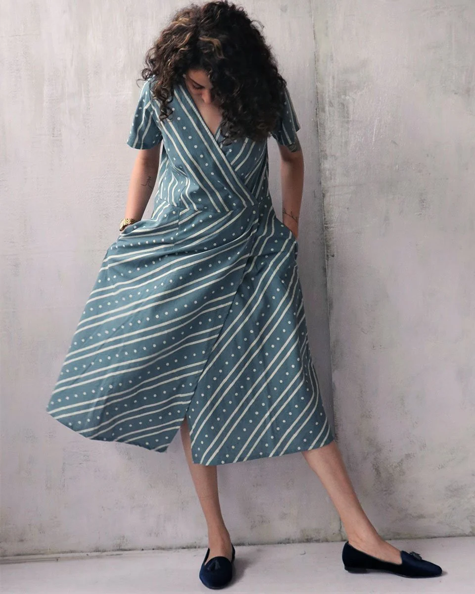 Steel Blue Blockprinted Cotton Dress - Image 5