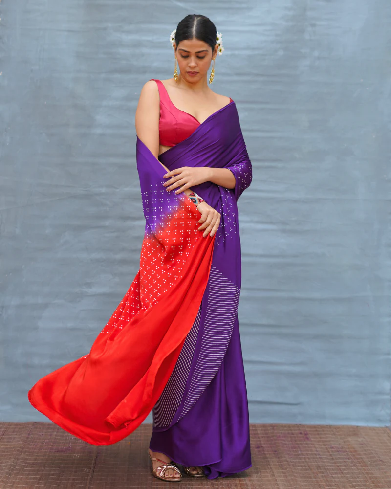 Still Current Purple Handblock Print Modal Silk Saree - Flow - Image 10