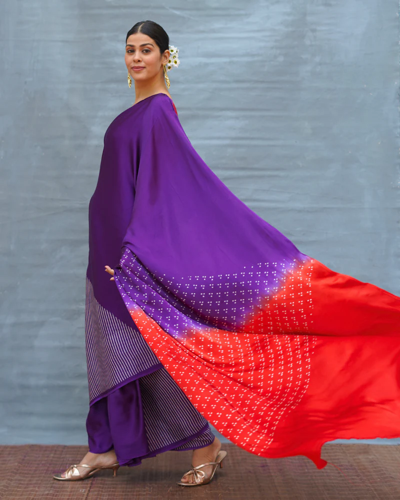 Still Current Purple Handblock Print Modal Silk Saree - Flow - Image 14