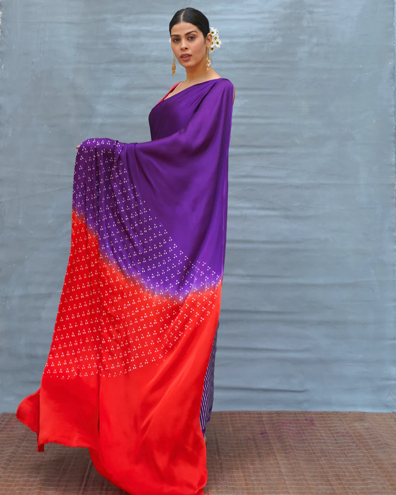 Still Current Purple Handblock Print Modal Silk Saree - Flow - Image 16