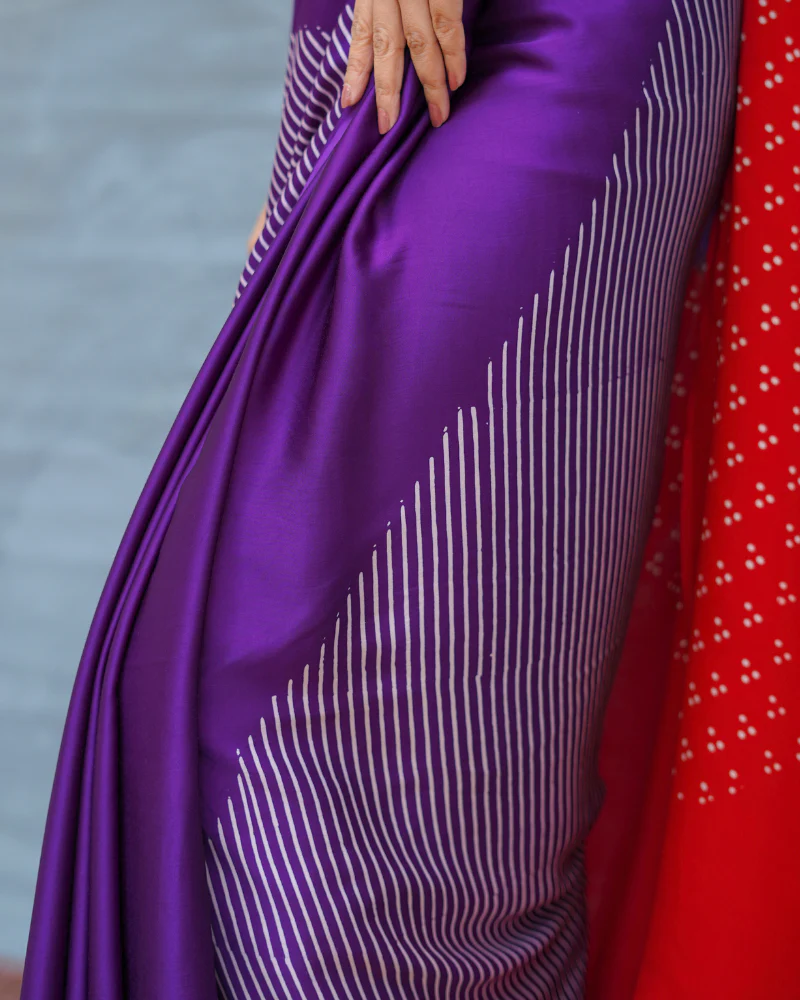 Still Current Purple Handblock Print Modal Silk Saree - Flow - Image 5