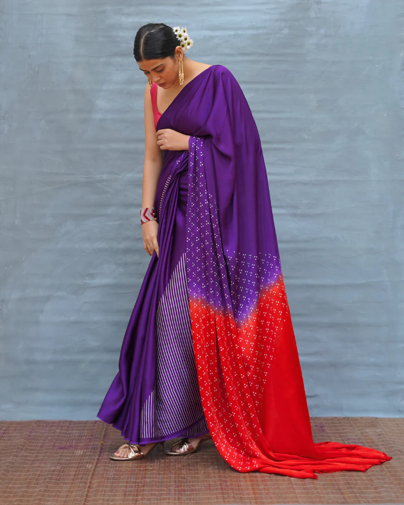 Still Current Purple Handblock Print Modal Silk Saree - Flow - Image 9