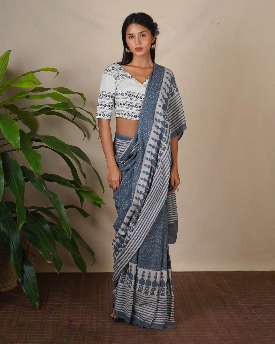 Stone Hush Grey Block Printed Saree - BMS