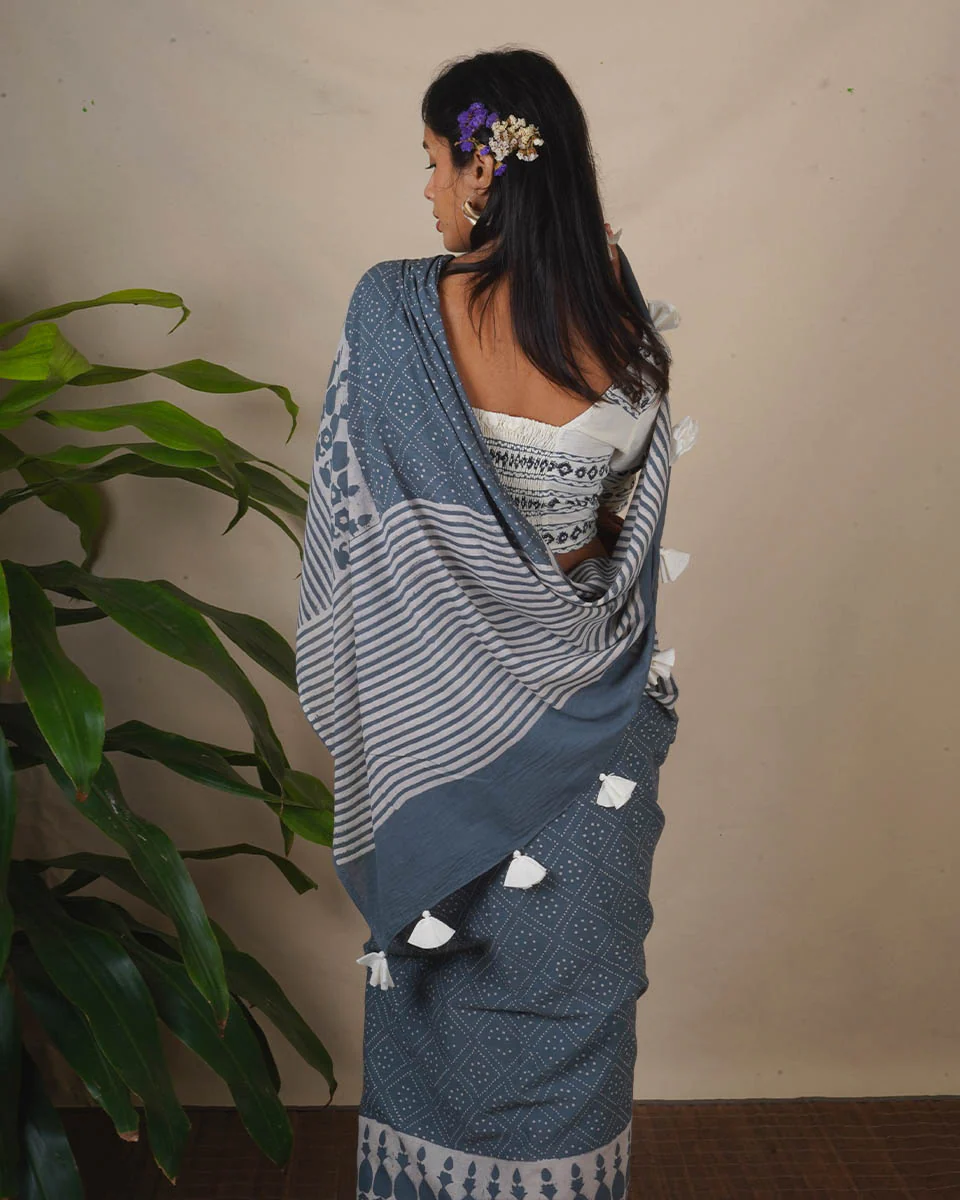 Stone Hush Grey Block Printed Saree - BMS - Image 3