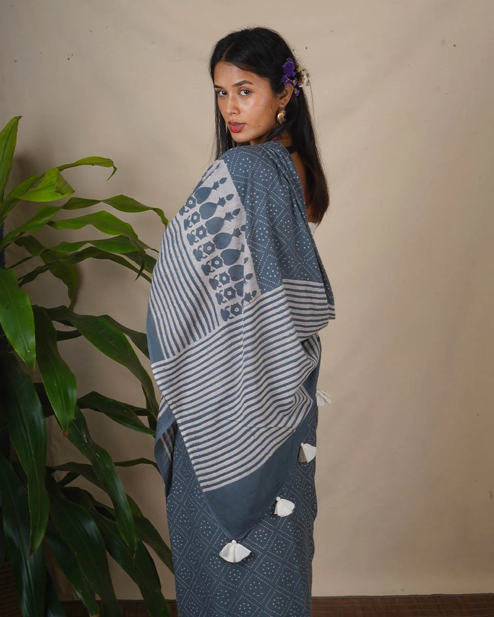 Stone Hush Grey Block Printed Saree - BMS - Image 4