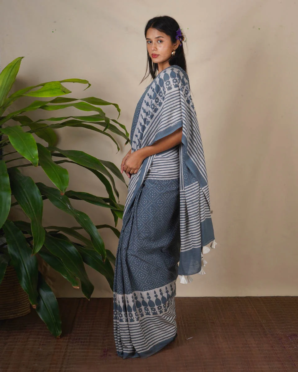Stone Hush Grey Block Printed Saree - BMS - Image 5