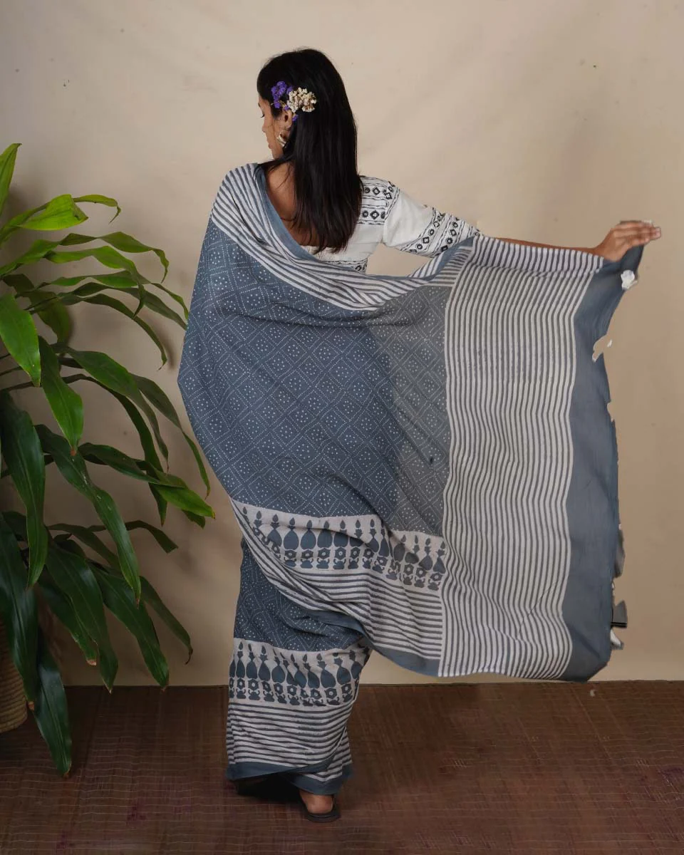 Stone Hush Grey Block Printed Saree - BMS - Image 6