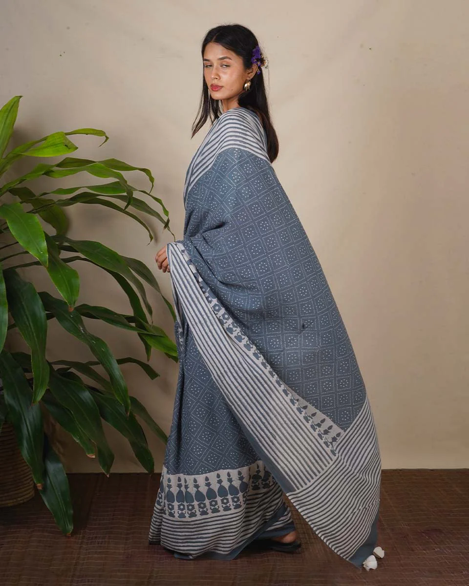 Stone Hush Grey Block Printed Saree - BMS - Image 7