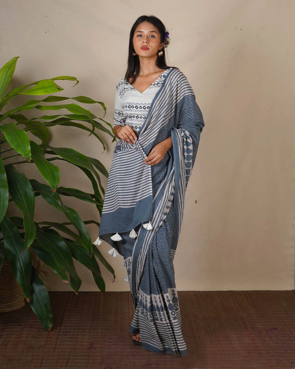 Stone Hush Grey Block Printed Saree - BMS - Image 8