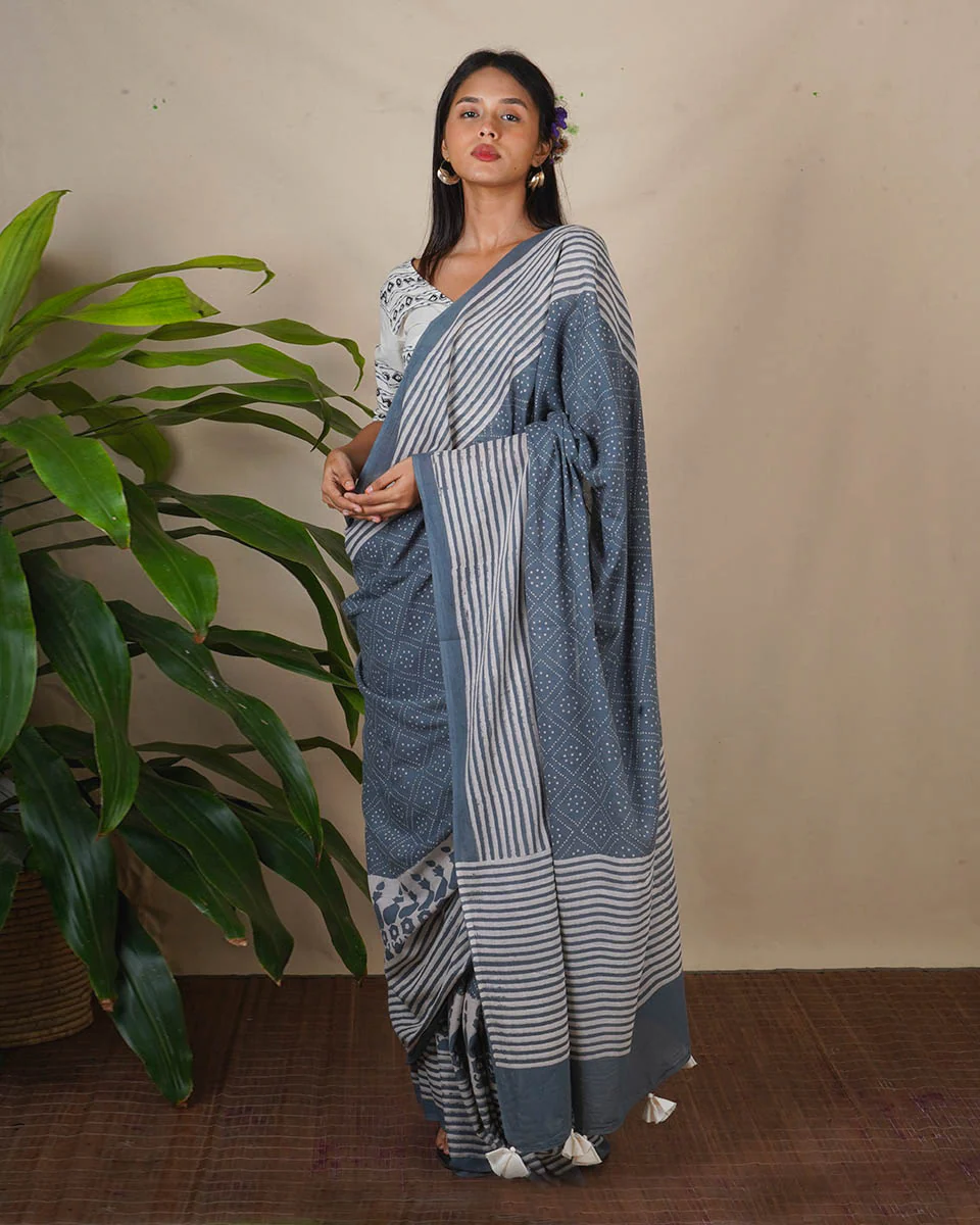 Stone Hush Grey Block Printed Saree - BMS - Image 9