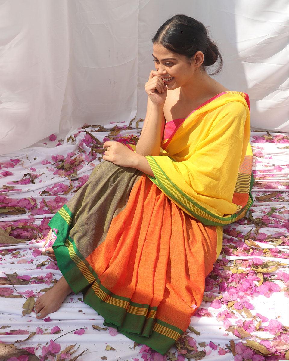 Subarnalata Yellow Orange Handwoven Cotton Saree - LIDD
