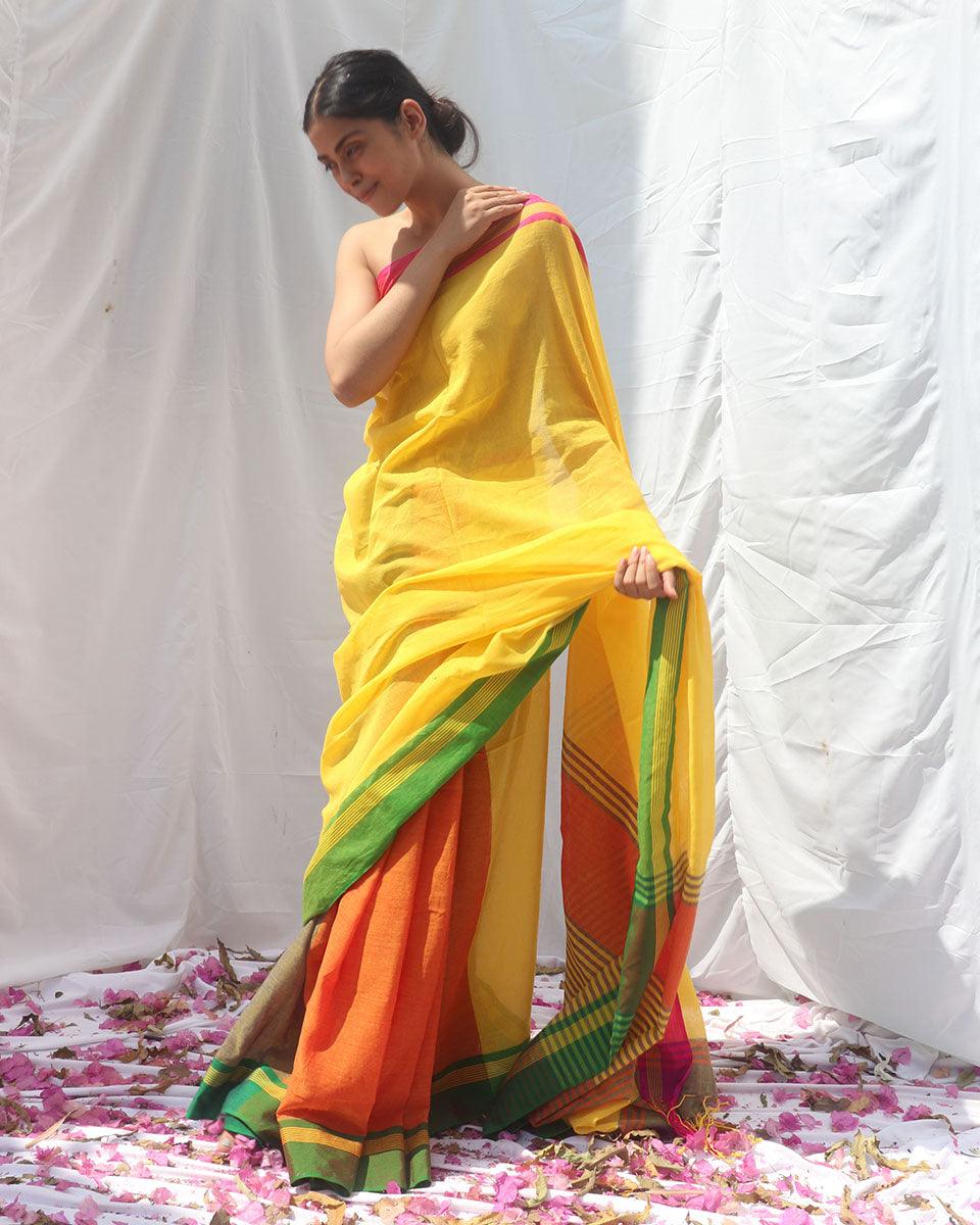 Subarnalata Yellow Orange Handwoven Cotton Saree - LIDD - Image 6