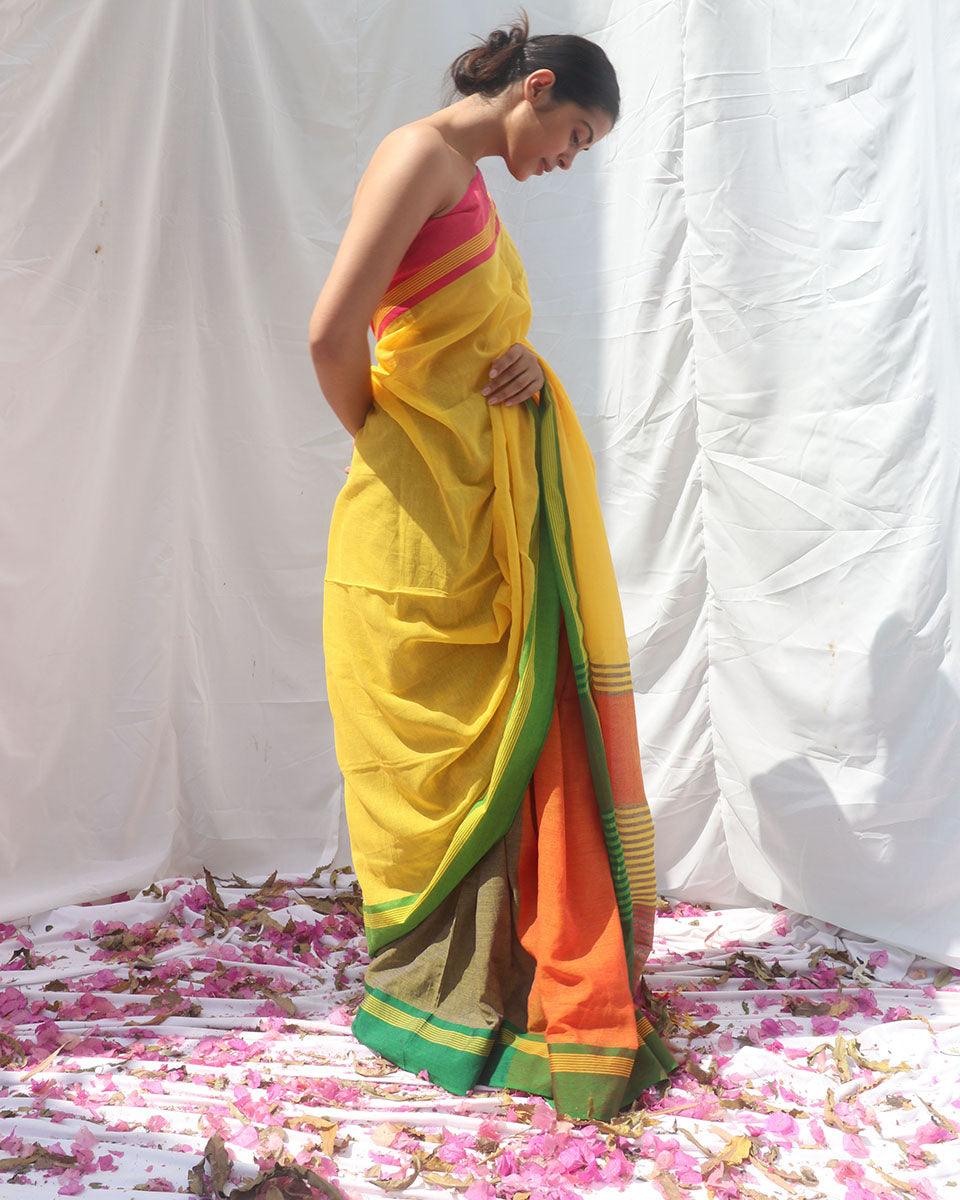 Subarnalata Yellow Orange Handwoven Cotton Saree - LIDD - Image 7