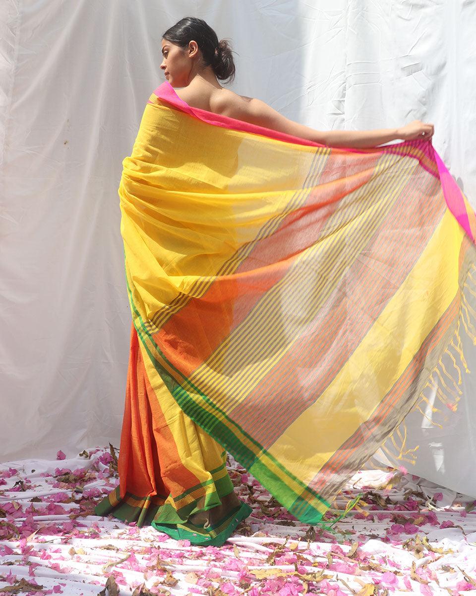 Subarnalata Yellow Orange Handwoven Cotton Saree - LIDD - Image 8
