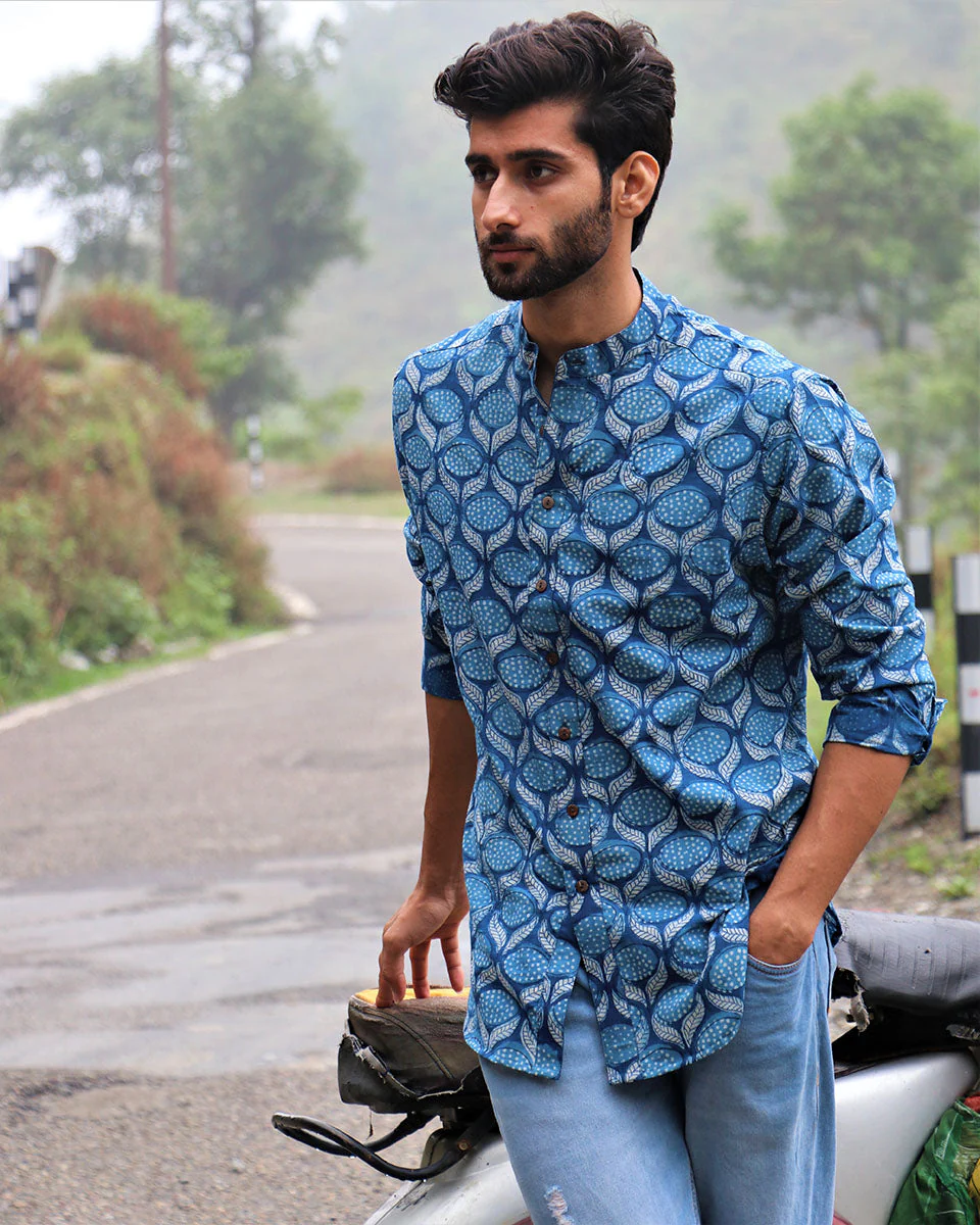 Summer Blue Block Printed Cotton Shirt - Image 2