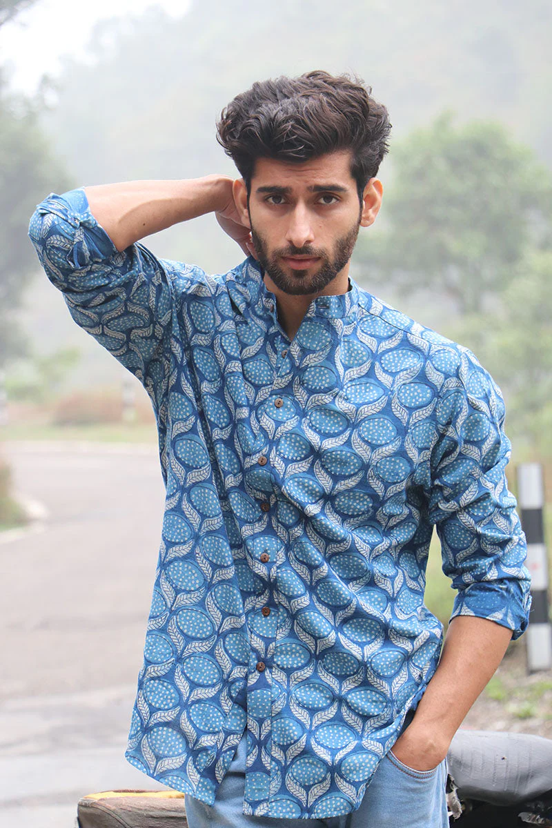 Summer Blue Block Printed Cotton Shirt - Image 3