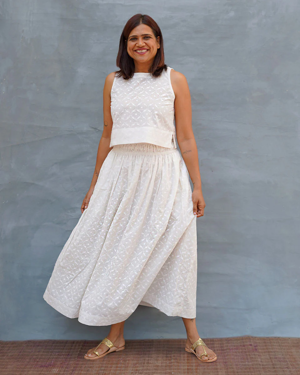 Summer Haze White Handblock Print Cotton Skirt - Safed - Image 10
