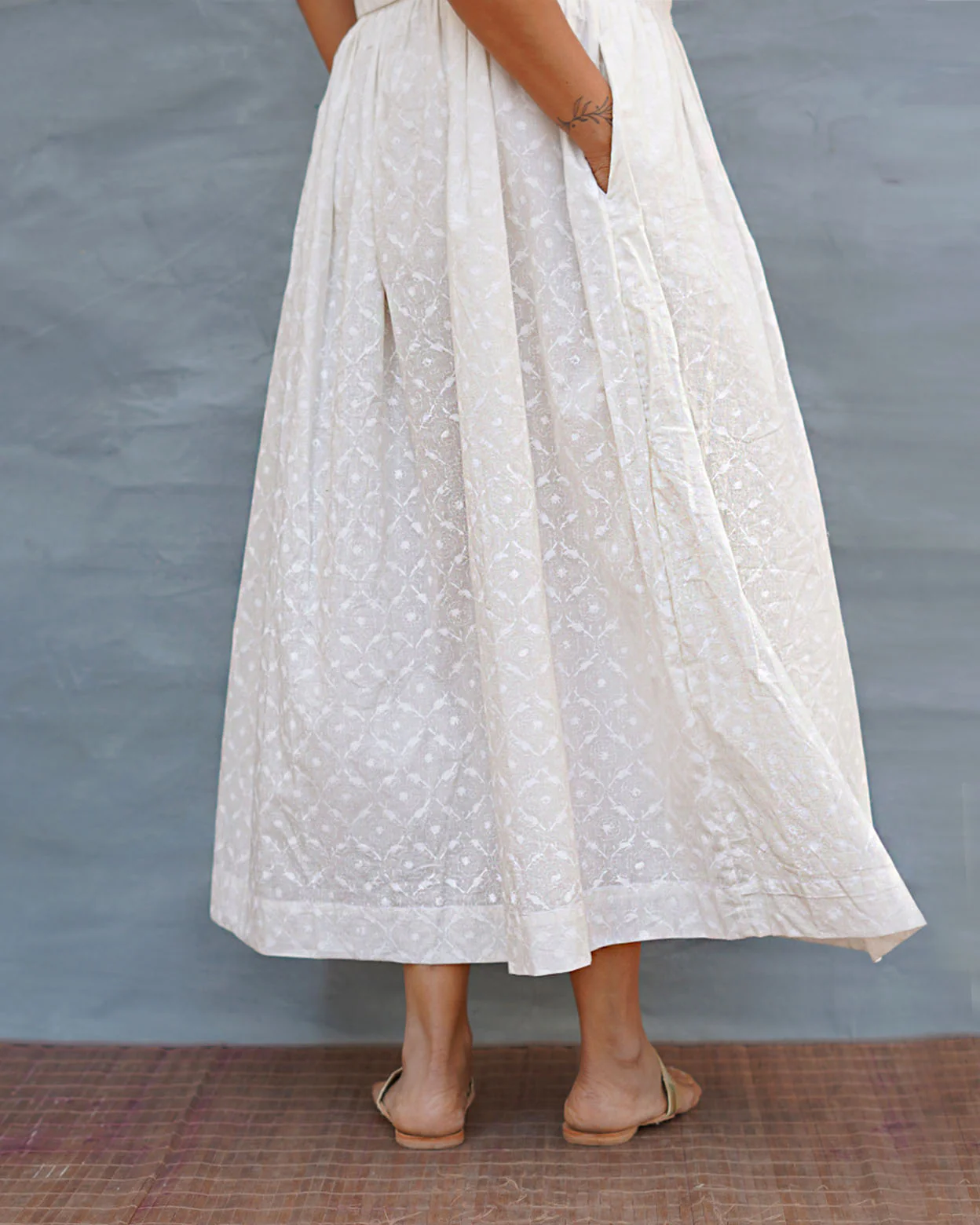 Summer Haze White Handblock Print Cotton Skirt - Safed - Image 6