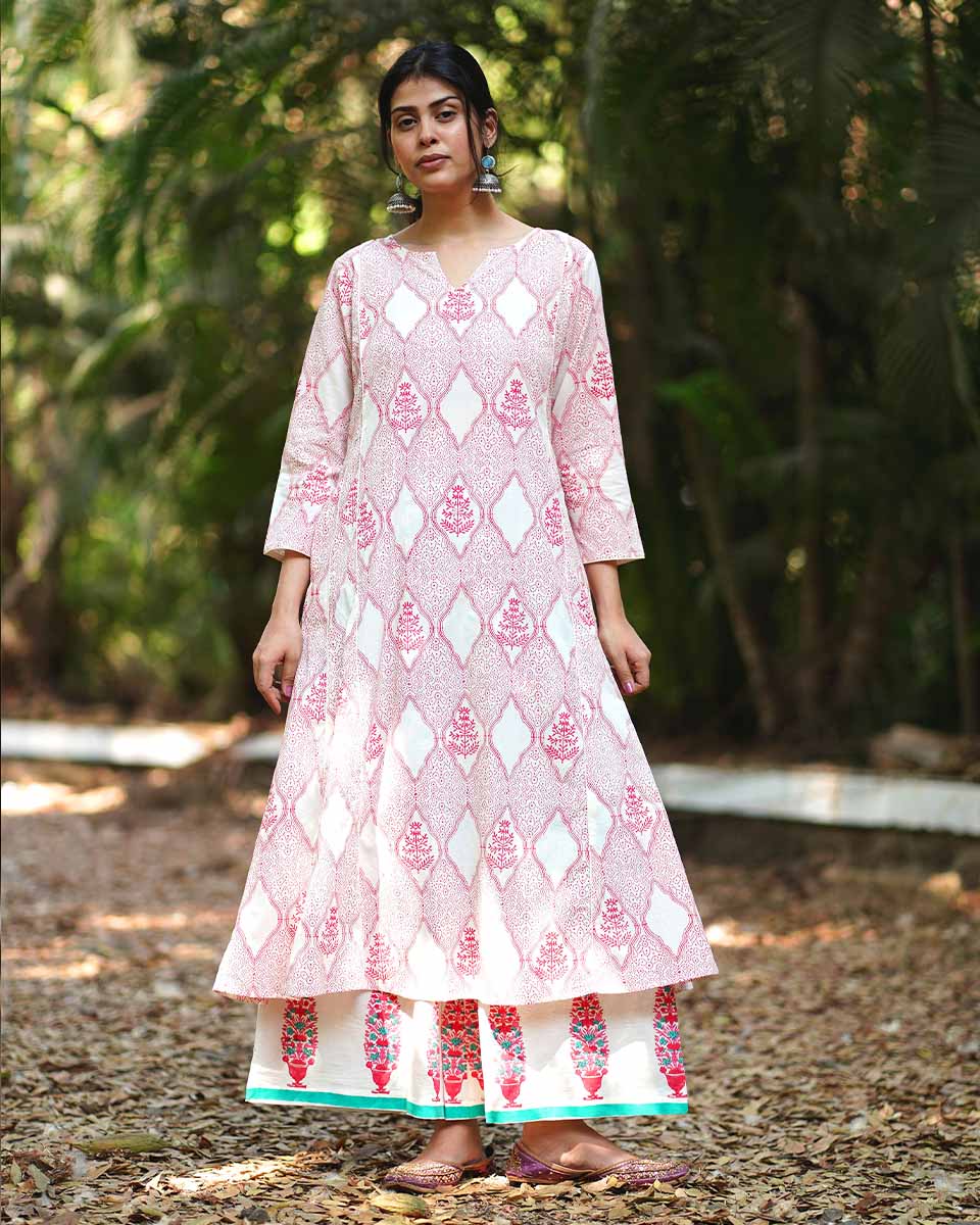 Sunflowerâ€™s Sheen Blush Pink Block printed Kurti - MMG