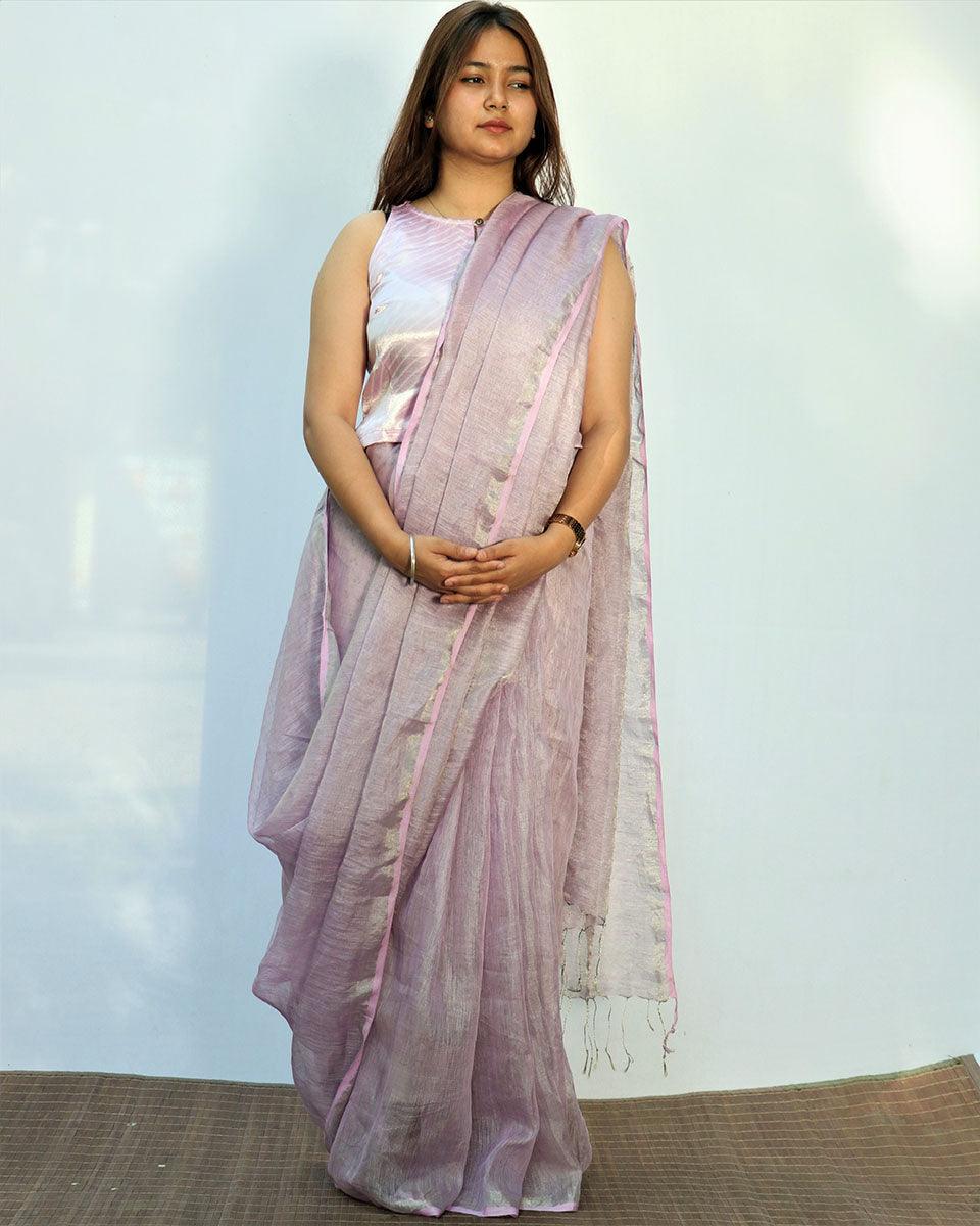 Surmayi Lavender Handwoven Linen Saree- Melting Moon - Image 4