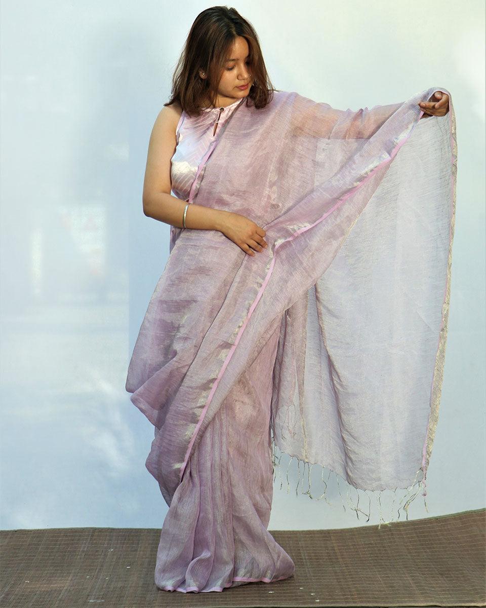 Surmayi Lavender Handwoven Linen Saree- Melting Moon - Image 7
