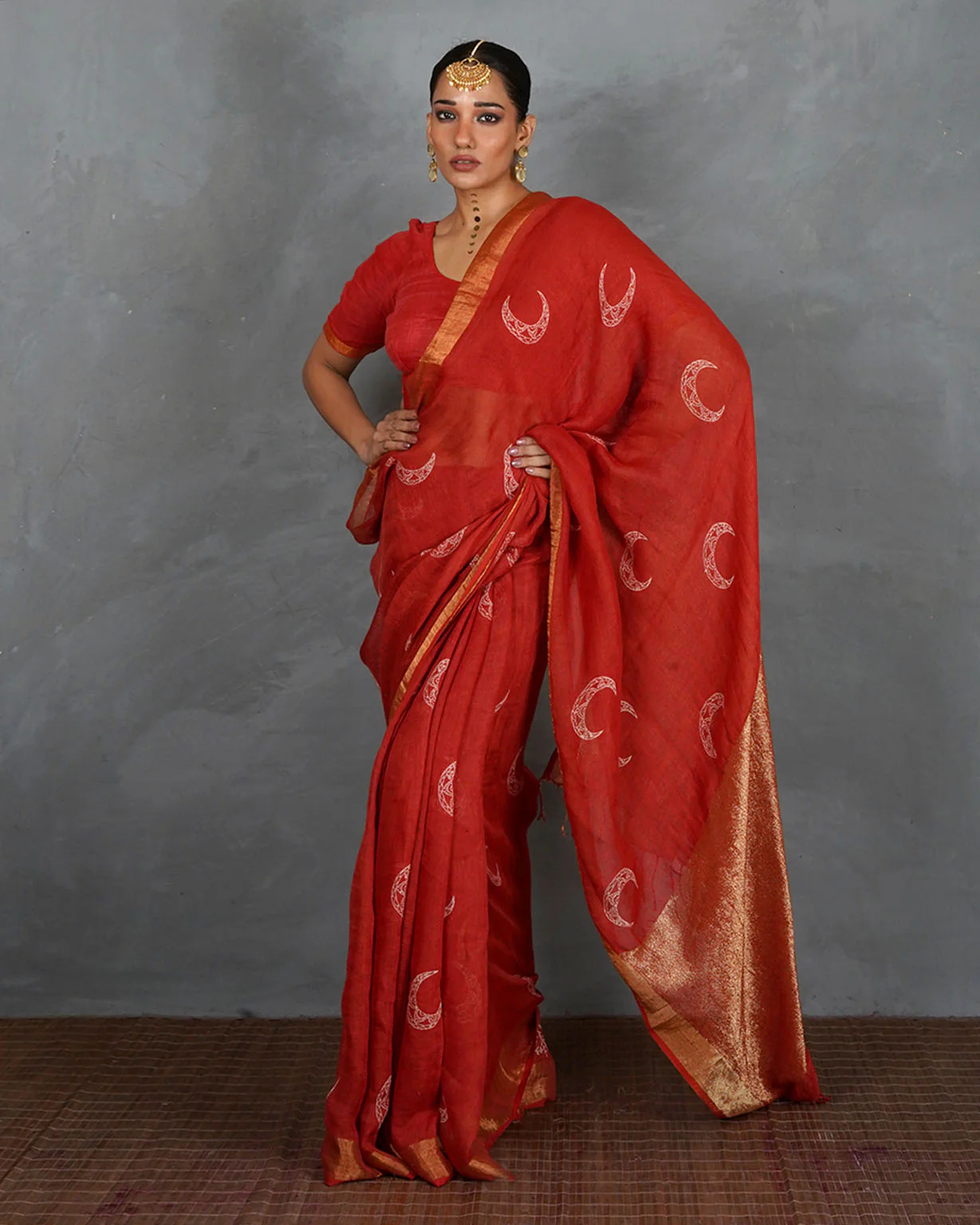 Taraani Red Handblock Linen Saree - TARA